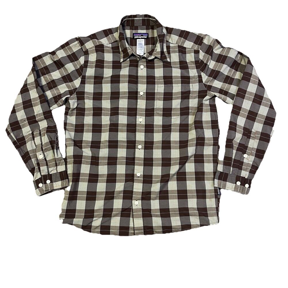 Mens Patagonia Button Shirt Size S Plaid Light Weight Brown Short Sleeve